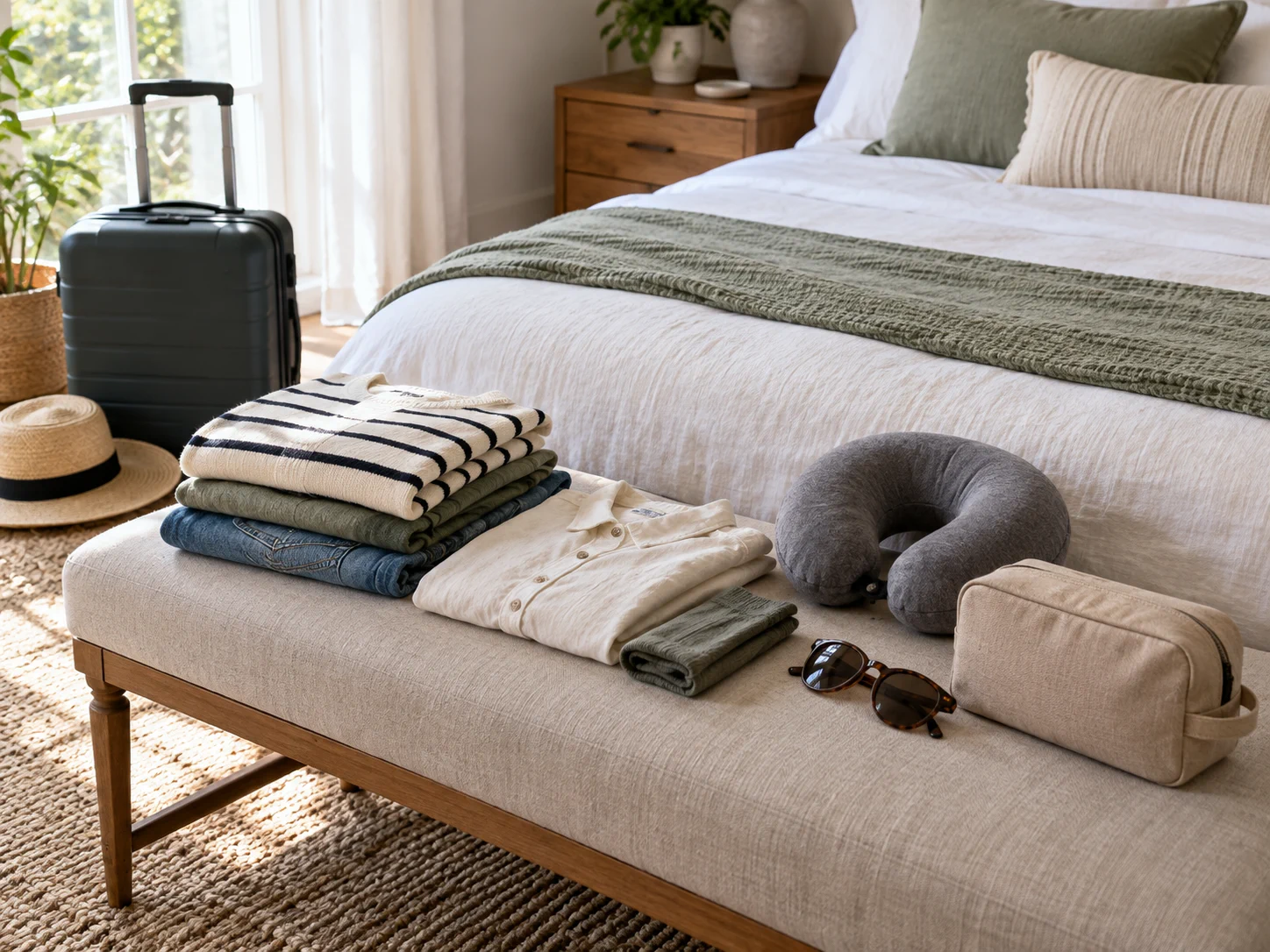 Travel packing arrangement with folded clothes, a fabric pouch, sunglasses and a neck pillow.