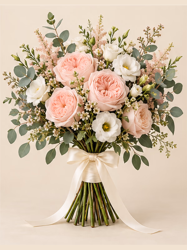 Blush garden roses, white lisianthus and eucalyptus in a romantic hand-tied bouquet.