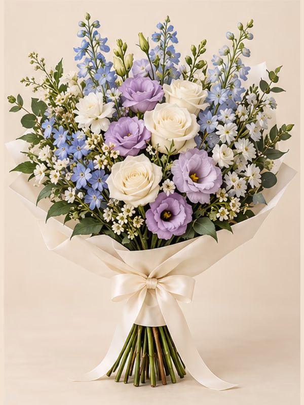 Soft lavender lisianthus, white roses and pale blue delphinium in an ivory wrap.