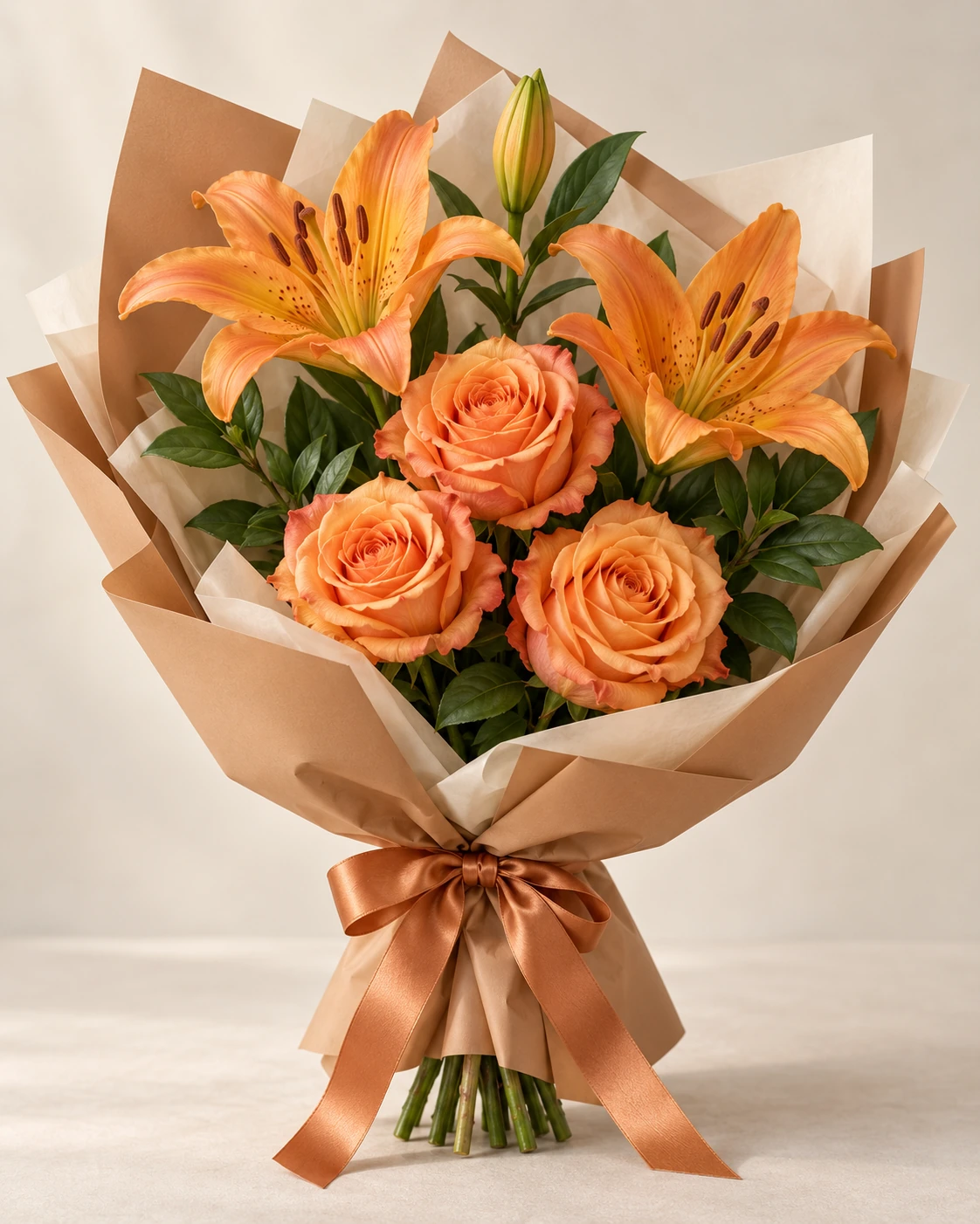 Apricot Sunset Rose & Lily Bouquet: Three orange-apricot roses, one orange lily stem with two open blooms and a bud, and greenery. Korean-style wrapping in caramel outer paper with cream inner paper.