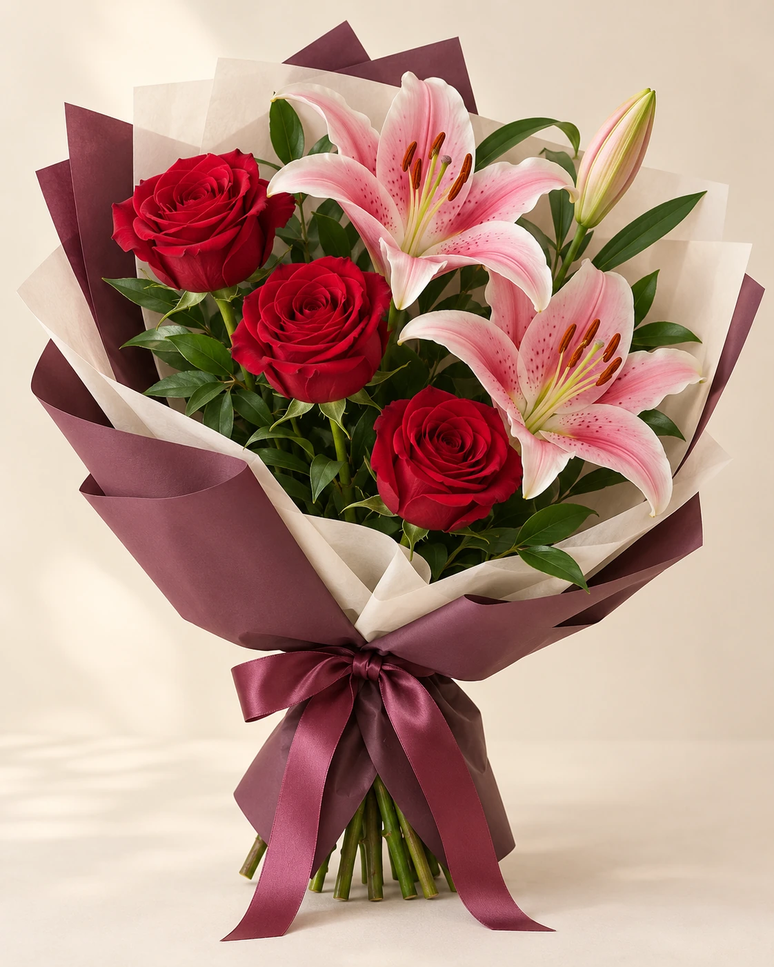 Berry Lily Rose & Lily Bouquet: Three deep-red roses, one pink lily stem with two open blooms and a bud, and greenery. Korean-style wrapping in plum outer paper with ivory inner paper.