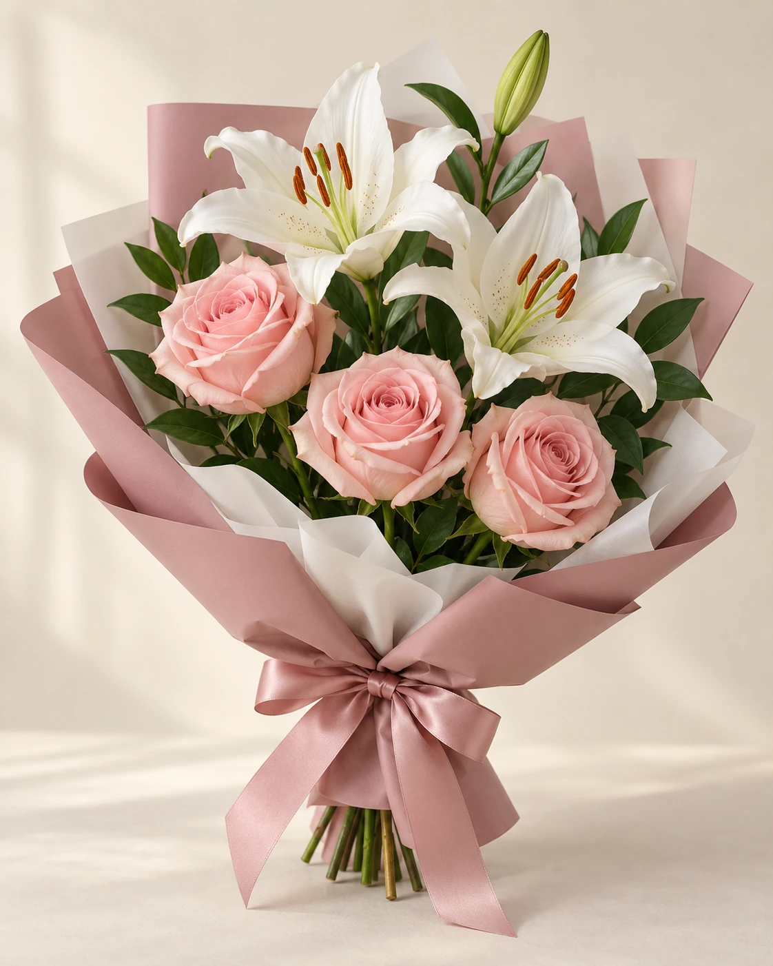 Blush Lily Rose & Lily Bouquet: Three blush-pink roses, one white lily stem with two open blooms and a bud, and greenery. Korean-style wrapping in dusty rose outer paper with white inner paper.