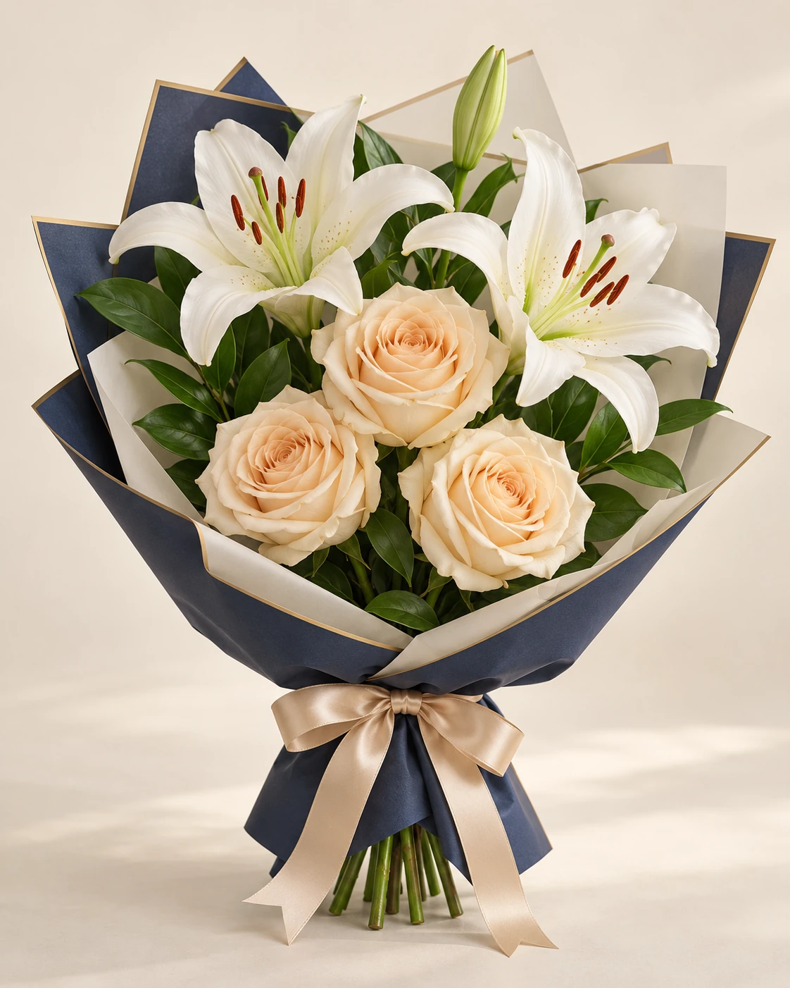 Champagne Lily Rose & Lily Bouquet: Three champagne roses, one white lily stem with two open blooms and a bud, and greenery. Korean-style wrapping in navy outer paper with ivory inner paper and a very thin fine gold edge.