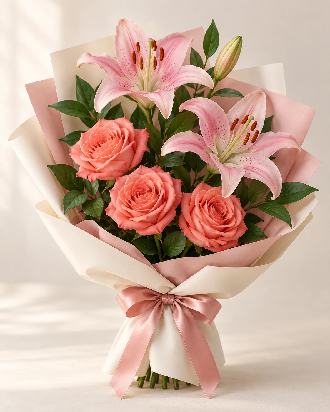 Coral Lily Rose & Lily Bouquet: Three coral roses, one pink lily stem with two open blooms and a bud, and greenery. Korean-style wrapping in ivory outer paper with blush inner paper.