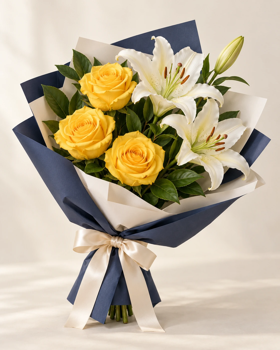 Golden Lily Rose & Lily Bouquet: Three yellow roses, one white lily stem with two open blooms and a bud, and greenery. Korean-style wrapping in navy outer paper with ivory inner paper.
