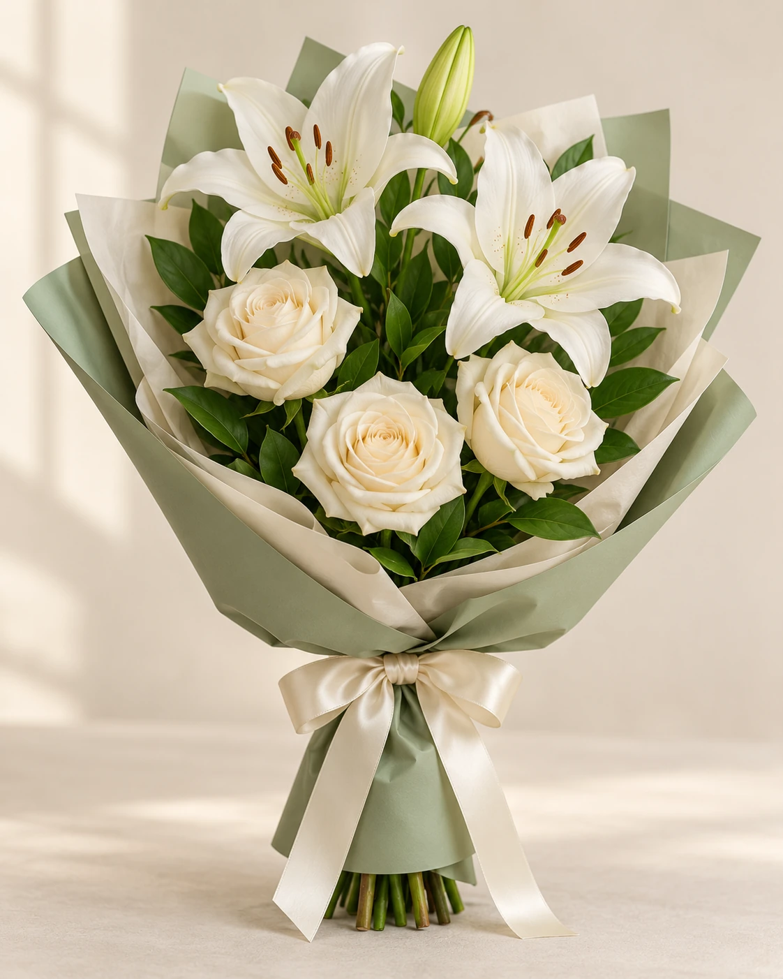 Ivory Lily Rose & Lily Bouquet: Three ivory roses, one white lily stem with two open blooms and a bud, and greenery. Korean-style wrapping in sage green outer paper with ivory inner paper.