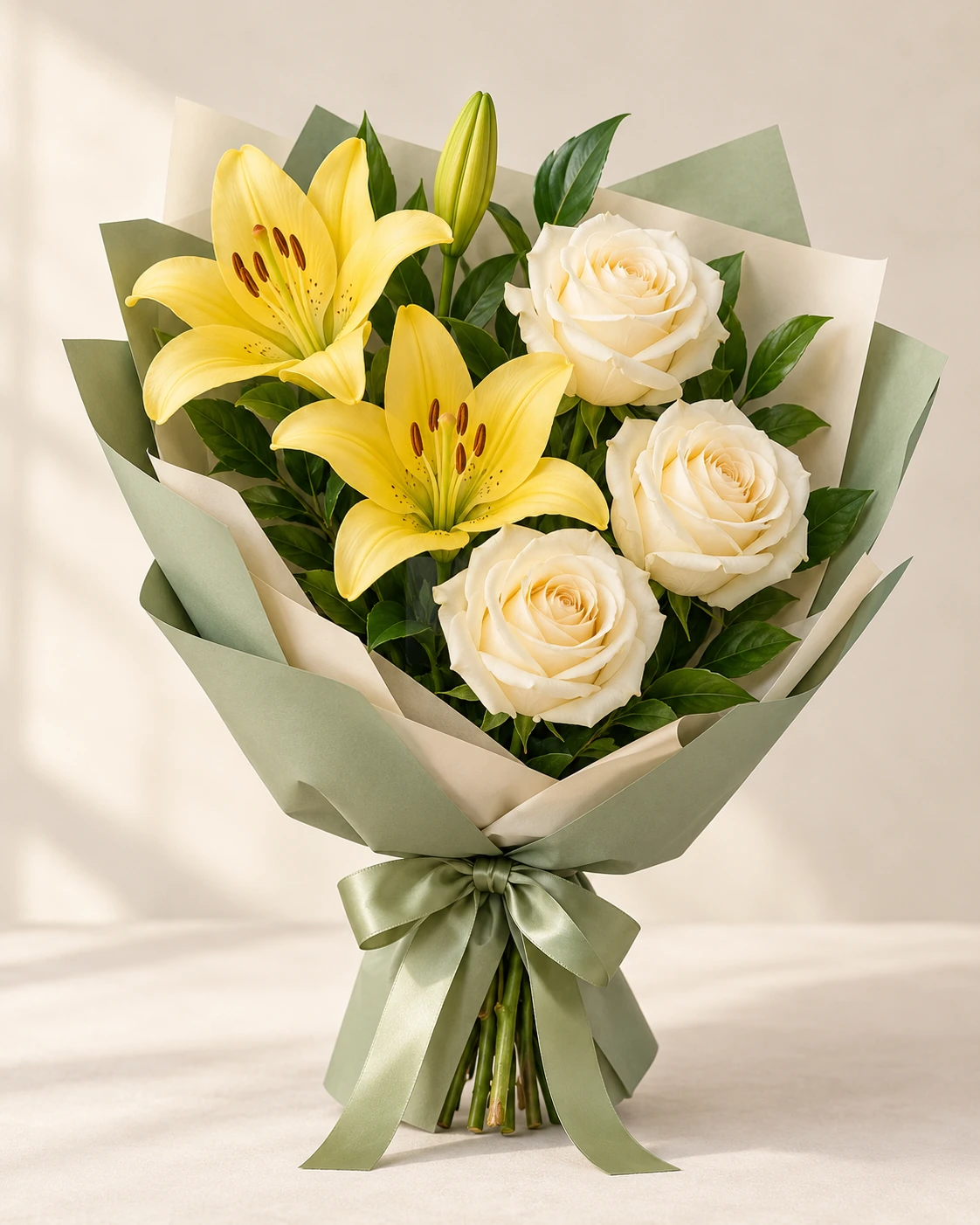 Lemon Meadow Rose & Lily Bouquet: Three ivory roses, one yellow lily stem with two open blooms and a bud, and greenery. Korean-style wrapping in sage green outer paper with cream inner paper.