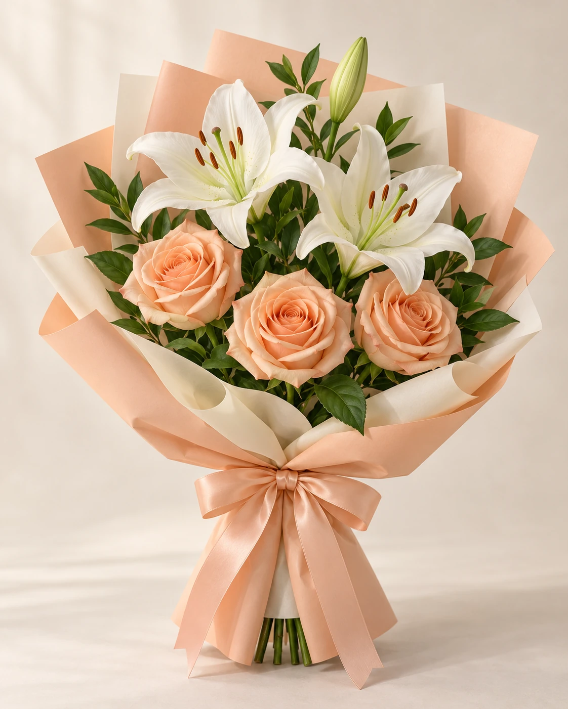 Peach Lily Rose & Lily Bouquet: Three peach roses, one white lily stem with two open blooms and a bud, and greenery. Korean-style wrapping in apricot outer paper with cream inner paper.