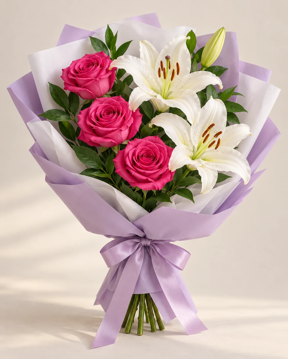Pink Reverie Rose & Lily Bouquet: Three hot-pink roses, one white lily stem with two open blooms and a bud, and greenery. Korean-style wrapping in lavender outer paper with white inner paper.