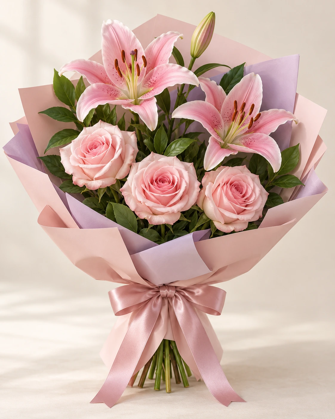 Rosewater Lily Rose & Lily Bouquet: Three pale-pink roses, one pink lily stem with two open blooms and a bud, and greenery. Korean-style wrapping in blush outer paper with lilac inner paper.