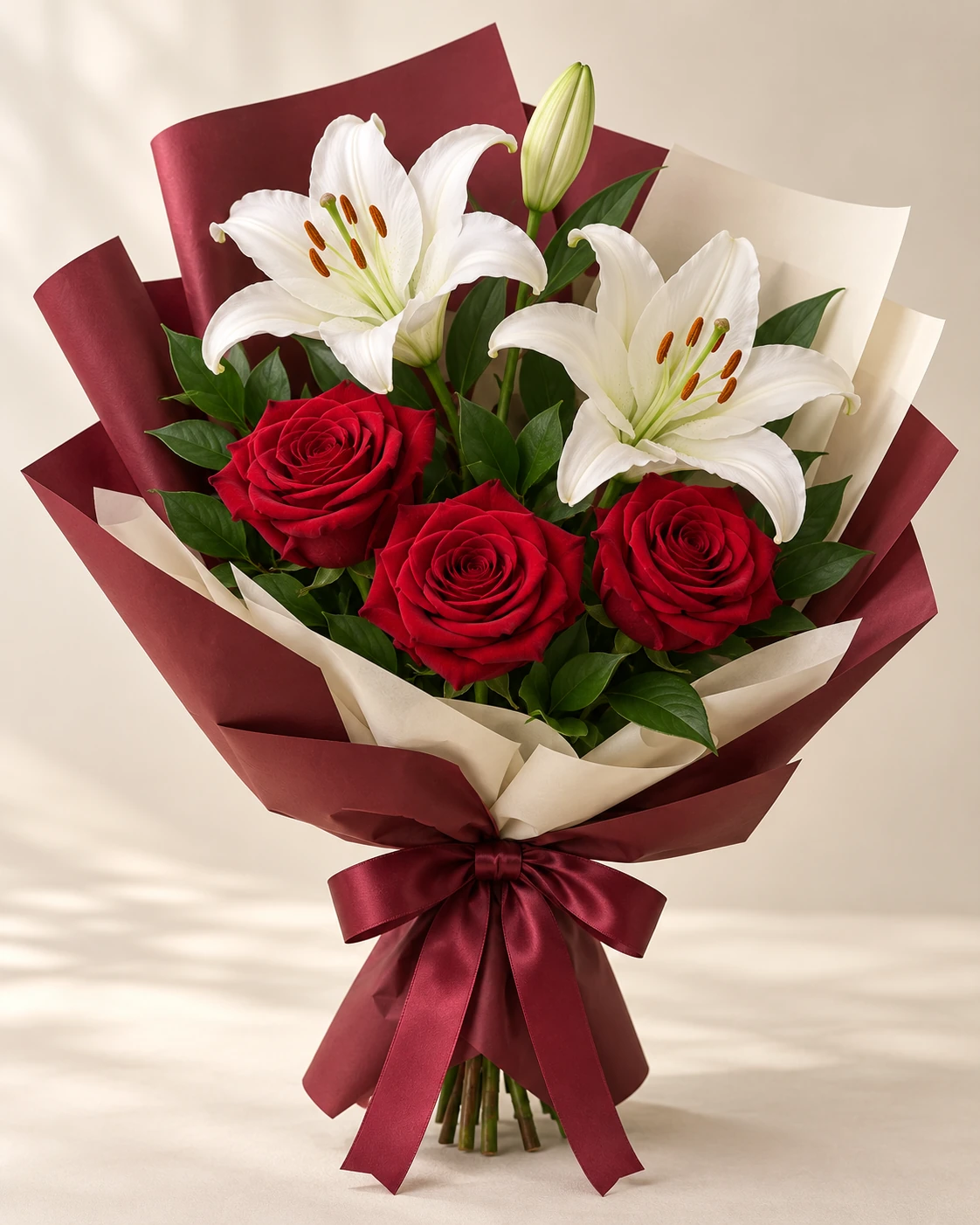 Ruby Lily Rose & Lily Bouquet: Three red roses, one white lily stem with two open blooms and a bud, and greenery. Korean-style wrapping in burgundy outer paper with ivory inner paper.