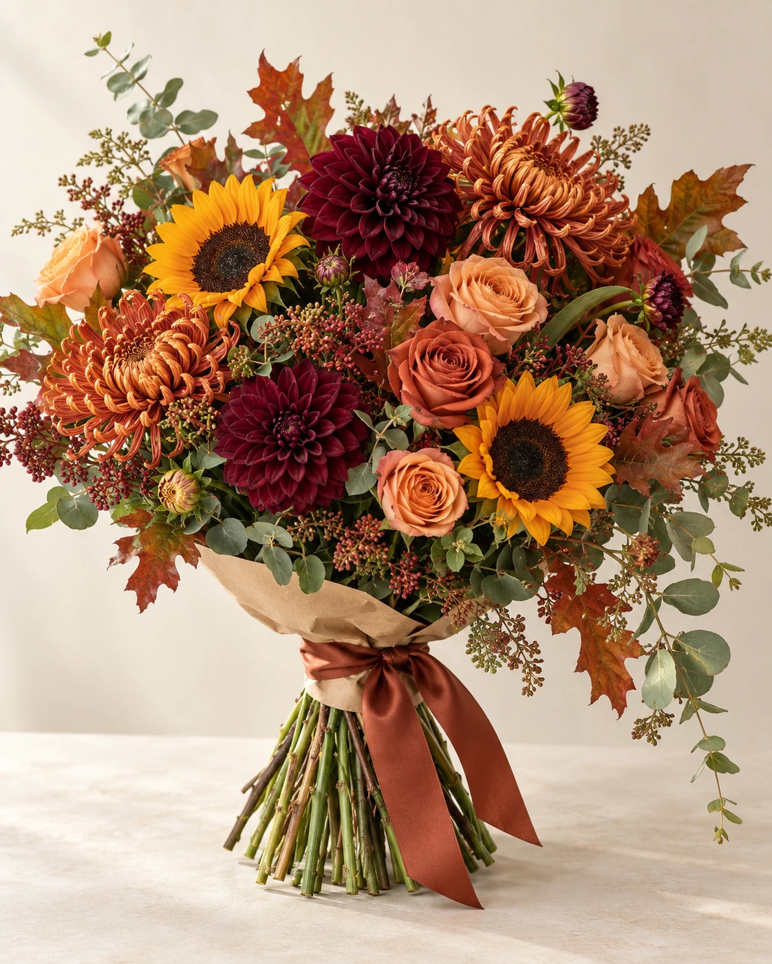 Autumn Ember hand-tied bouquet: Copper chrysanthemums, burgundy dahlias, terracotta roses, golden sunflowers.