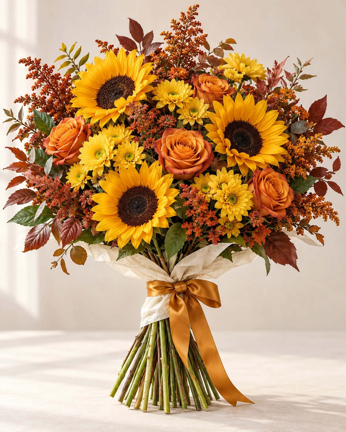 Harvest Gold hand-tied bouquet: Golden sunflowers, yellow disbud chrysanthemums, amber roses, rust solidago and restrained russet foliage.