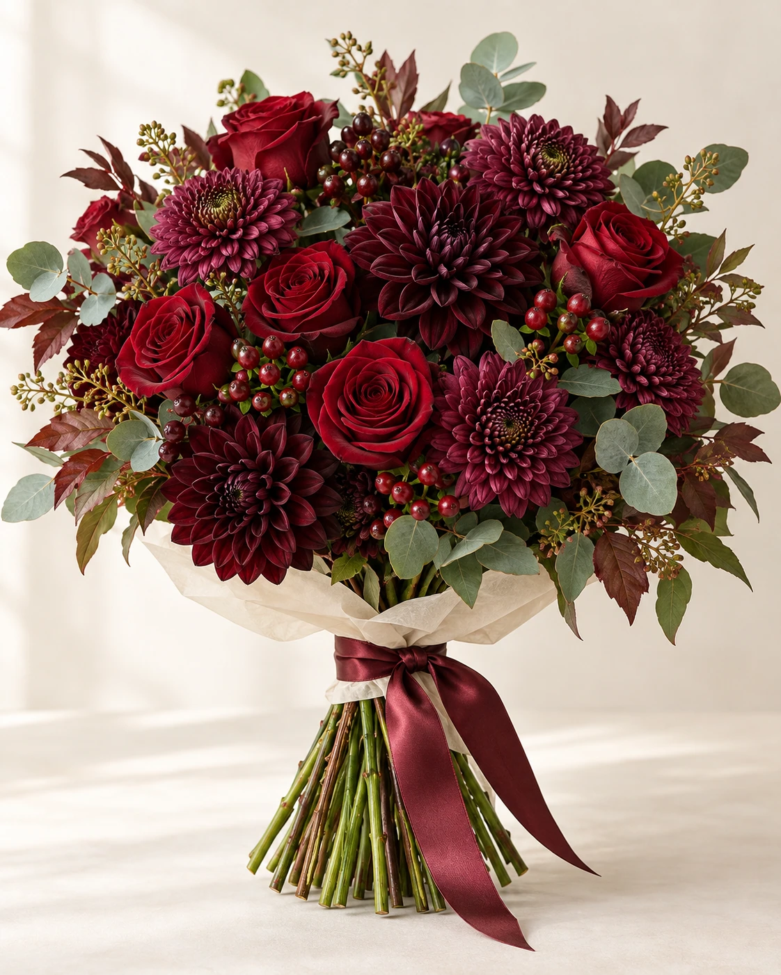 Cranberry Velvet hand-tied bouquet: Deep burgundy roses, plum chrysanthemums, dark wine dahlias, subtle dark red hypericum berries and eucalyptus.