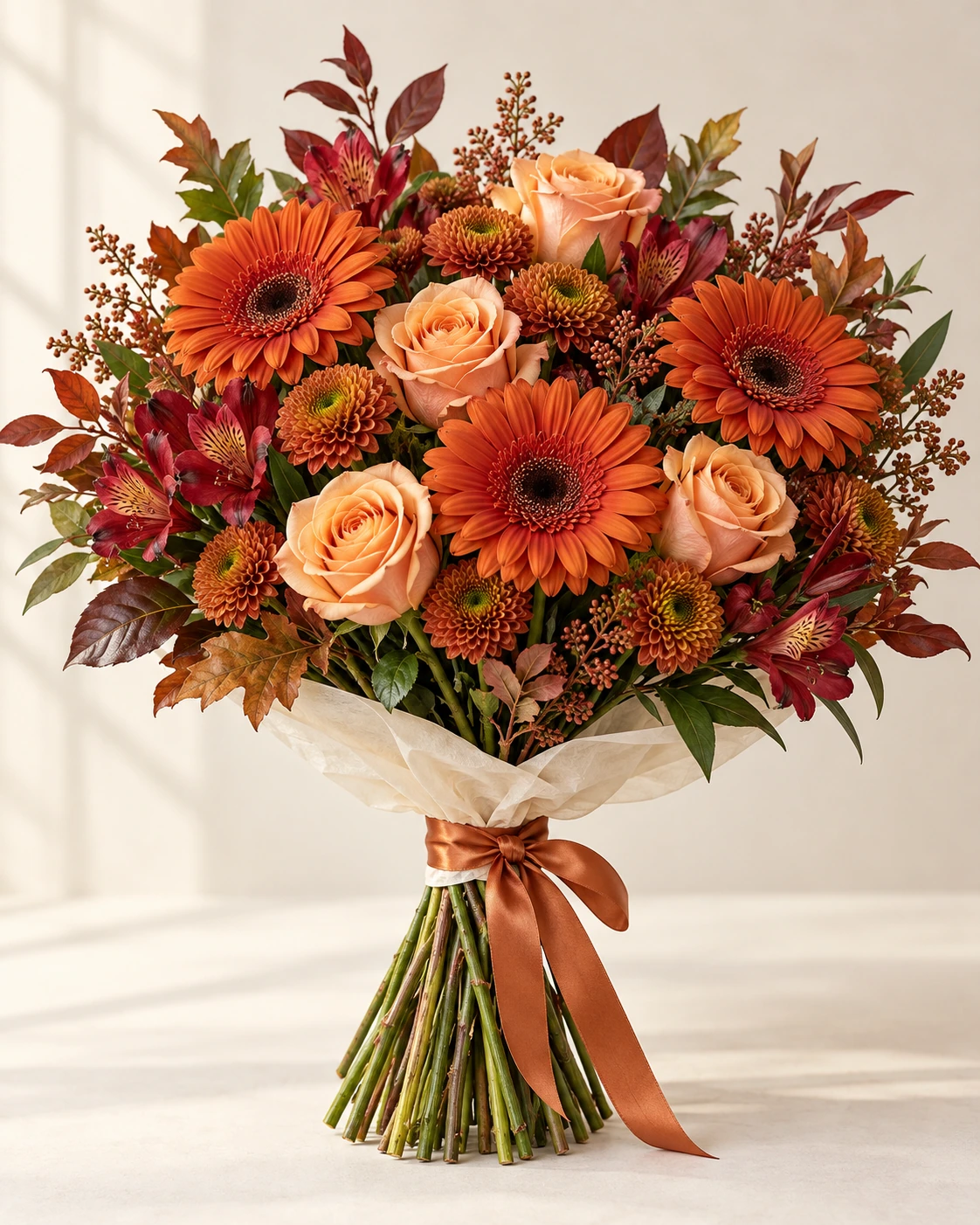 Copper Gerbera hand-tied bouquet: Rust-orange gerbera daisies, peach roses, bronze pompon chrysanthemums, burgundy alstroemeria and russet foliage.