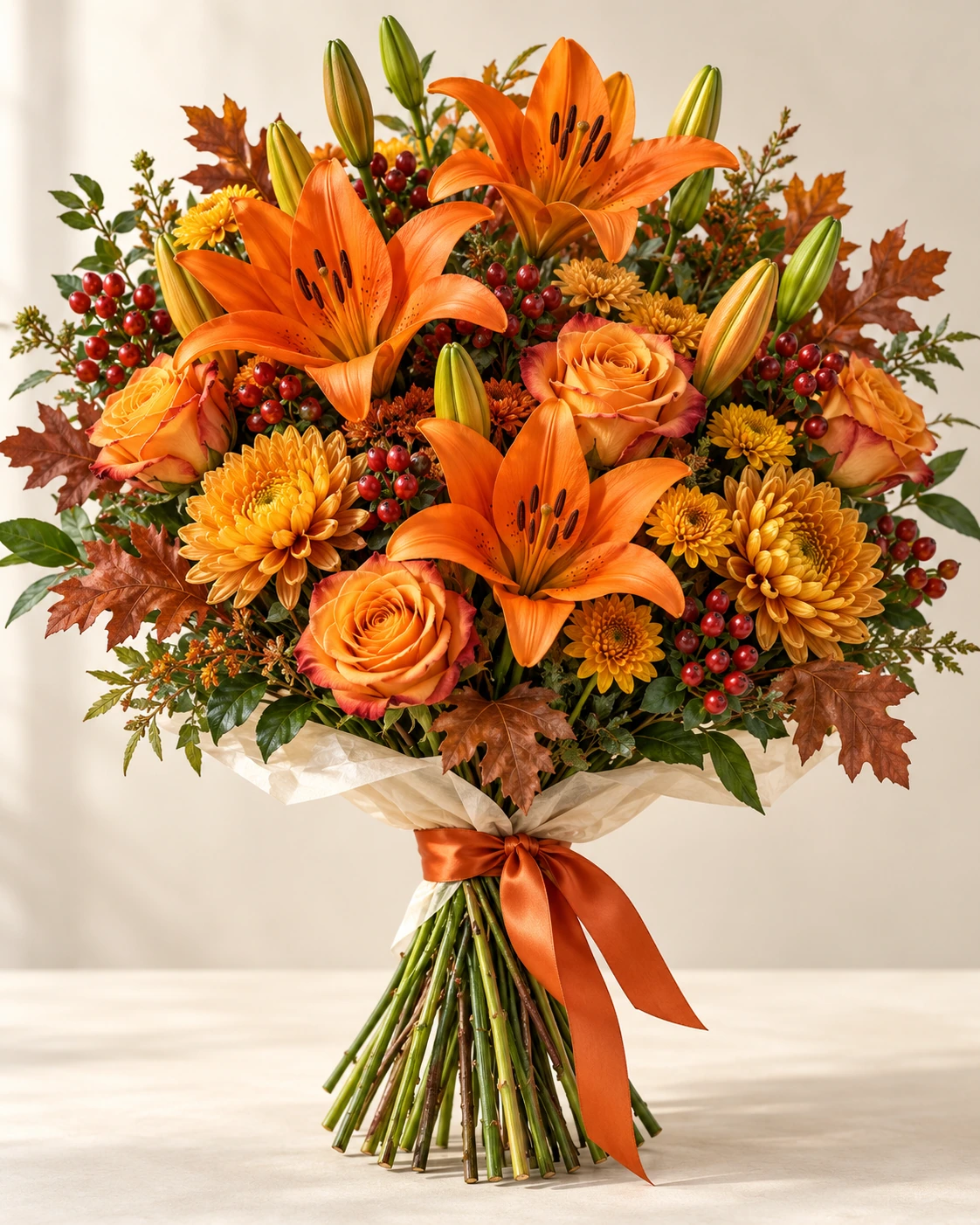 Amber Lily hand-tied bouquet: Deep orange Asiatic lilies, amber roses, golden chrysanthemums, red hypericum berries and small russet oak leaves.