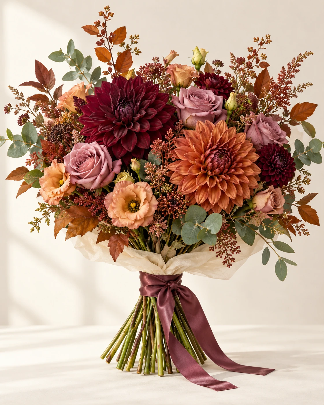 Dahlia Dusk hand-tied bouquet: Large burgundy and copper dahlias, dusty mauve roses, muted peach lisianthus, bronze foliage and eucalyptus.