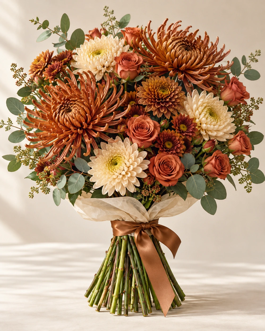 Chrysanthemum Charm hand-tied bouquet: Copper spider chrysanthemums, cream and bronze disbud chrysanthemums, terracotta spray roses and minimal eucalyptus.