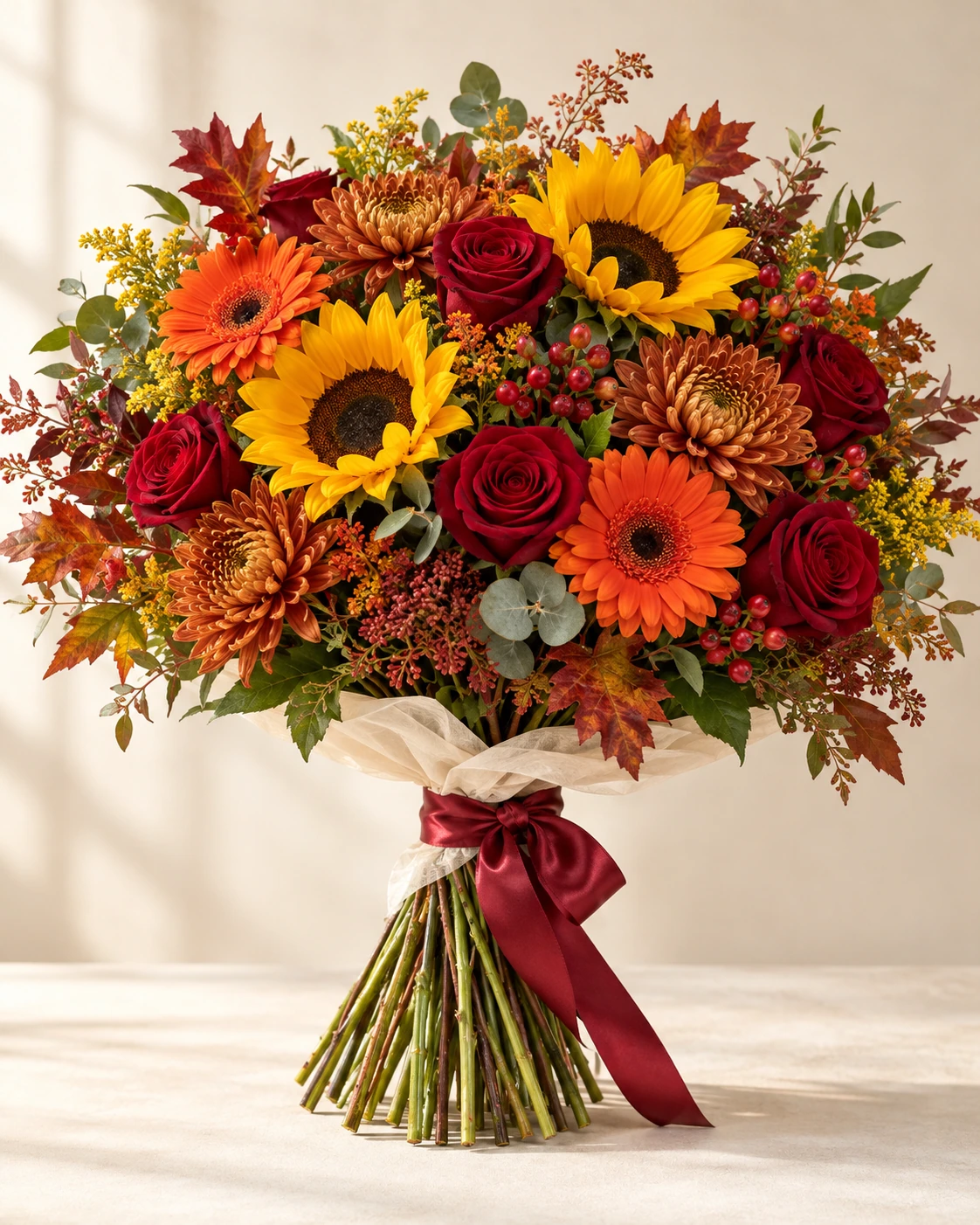Sunset Harvest hand-tied bouquet: Golden sunflowers, wine-red roses, orange gerberas, bronze chrysanthemums and understated autumn foliage.