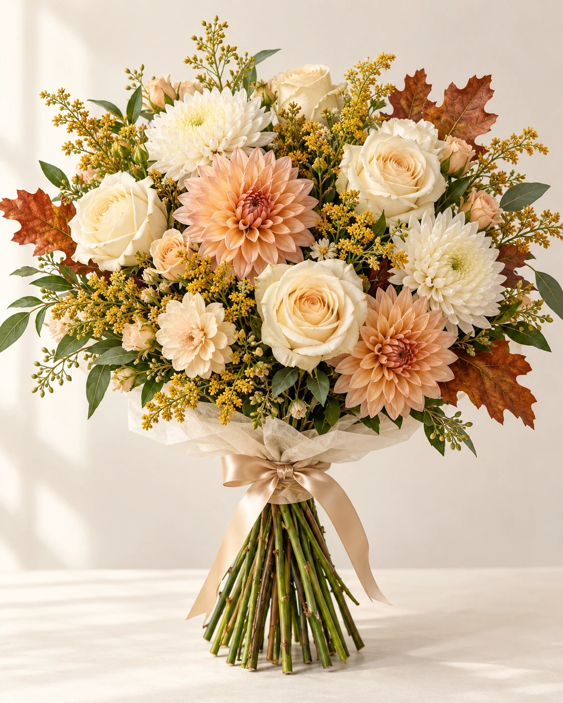 Rustic Cream hand-tied bouquet: Cream roses, ivory chrysanthemums, pale peach dahlias, delicate golden solidago and a few copper oak leaves.