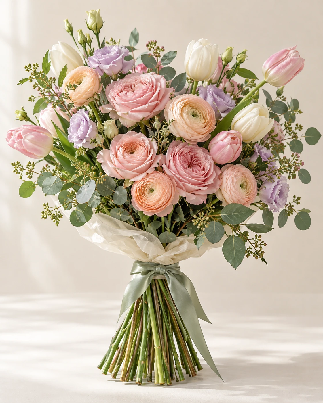 Spring Blush hand-tied bouquet: Blush roses, pale tulips, peach ranunculus, lavender lisianthus.