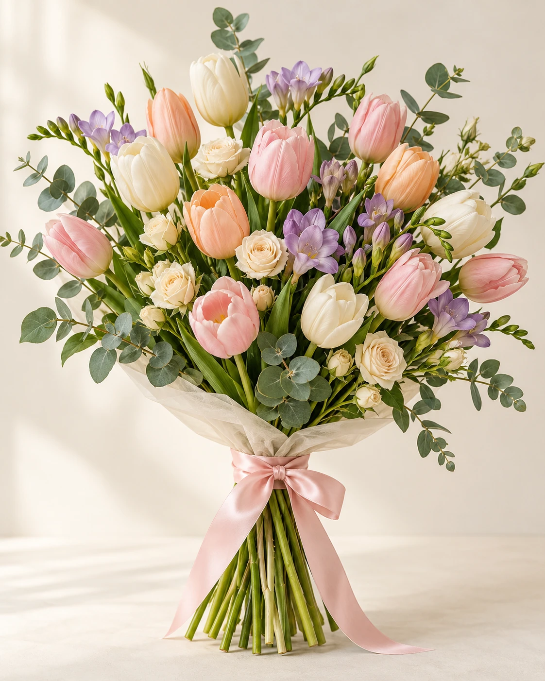 Tulip Daydream hand-tied bouquet: A generous bouquet led by pale pink, apricot and ivory tulips, with ivory spray roses, lilac freesia and delicate eucalyptus.