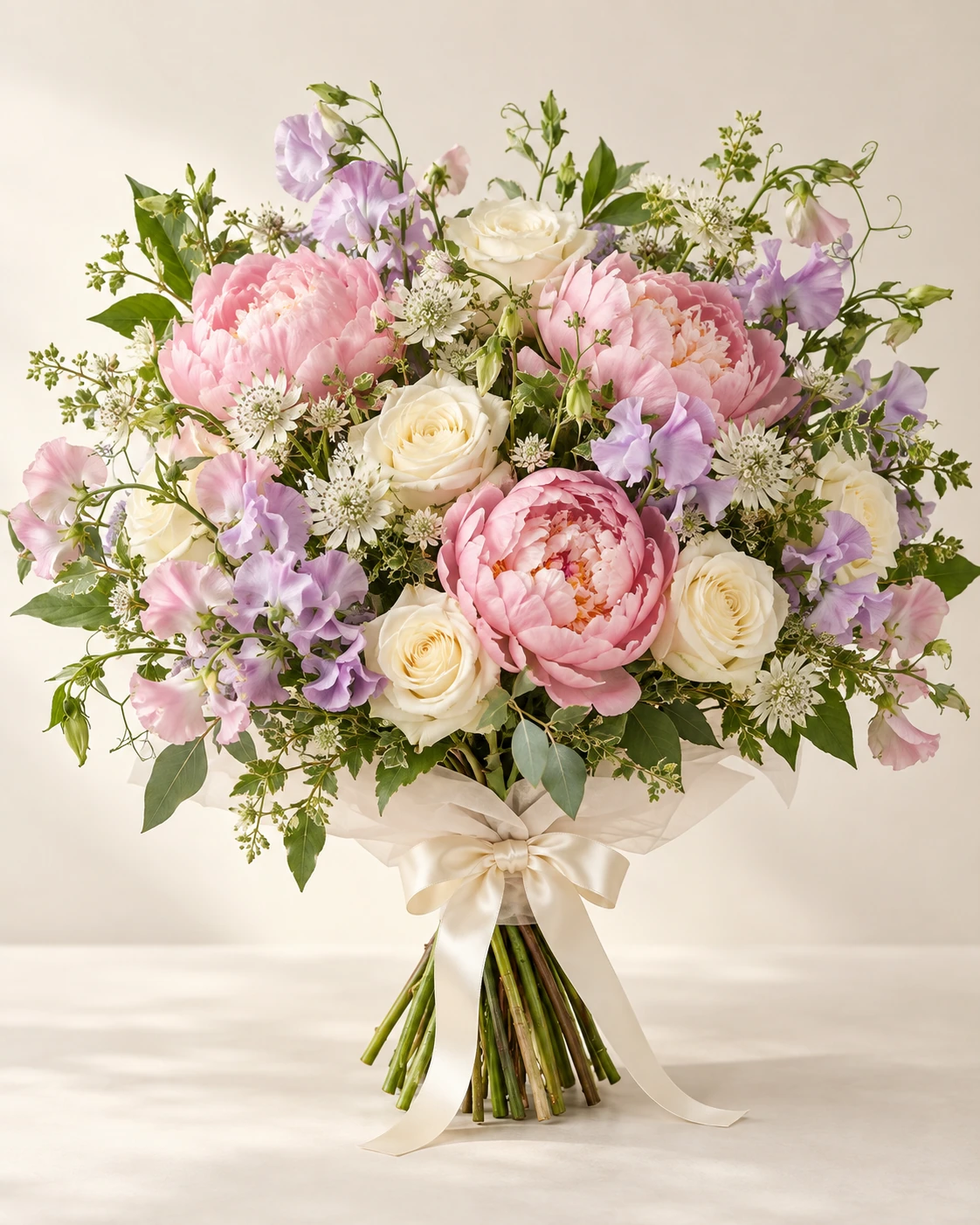 Peony Romance hand-tied bouquet: Soft pink peonies with ruffled full open blooms, cream roses, lilac sweet peas, white astrantia and fresh green foliage.