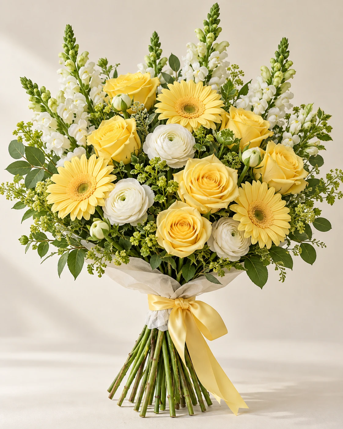 Lemon Blossom hand-tied bouquet: Butter yellow roses, soft yellow gerbera daisies, white ranunculus, white snapdragons and light green foliage.