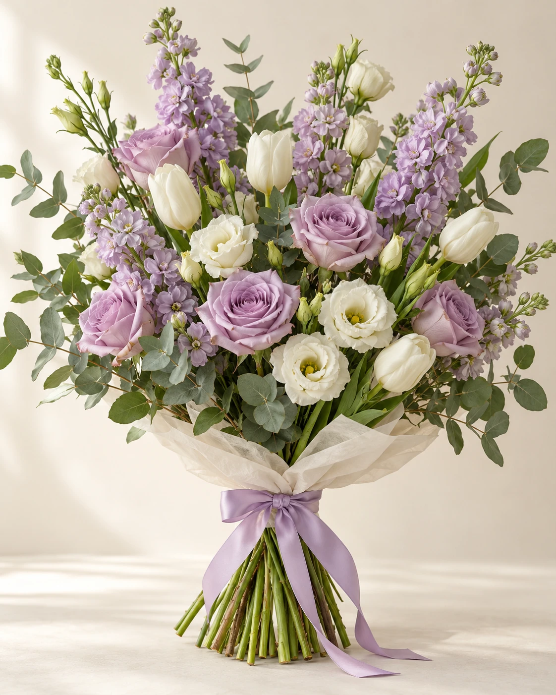 Lilac Morning hand-tied bouquet: Lavender roses, pale lavender stock flower spires, white tulips, cream lisianthus and eucalyptus.