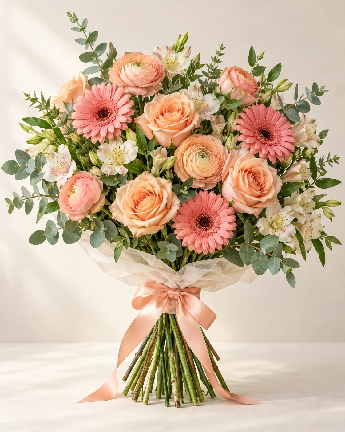 Peach Awakening hand-tied bouquet: Peach roses, pale apricot ranunculus, warm pink gerberas, ivory alstroemeria and fresh eucalyptus.