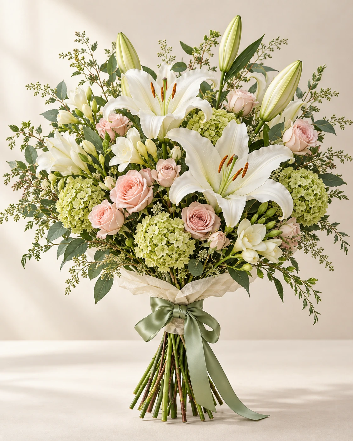Lily Whisper hand-tied bouquet: White Oriental lilies, blush spray roses, pale green viburnum clusters, white freesia and airy foliage.