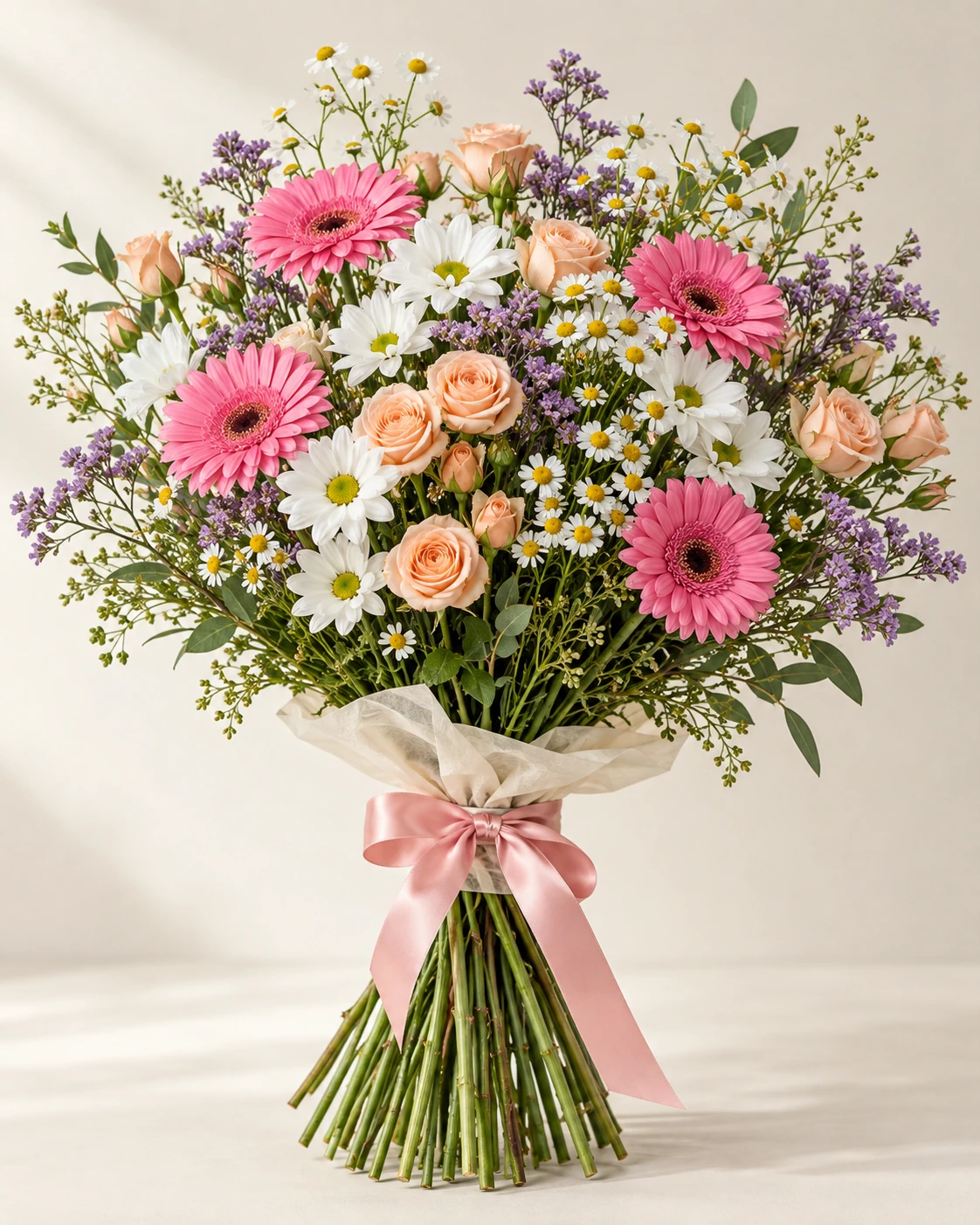 Spring Meadow hand-tied bouquet: Small bright pink gerberas, white daisy chrysanthemums, peach spray roses, lilac statice and delicate chamomile-like feverfew.