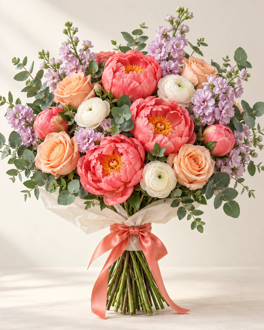 Coral Peony hand-tied bouquet: Coral peonies at varied opening stages, peach roses, white ranunculus, soft lilac stock and eucalyptus.