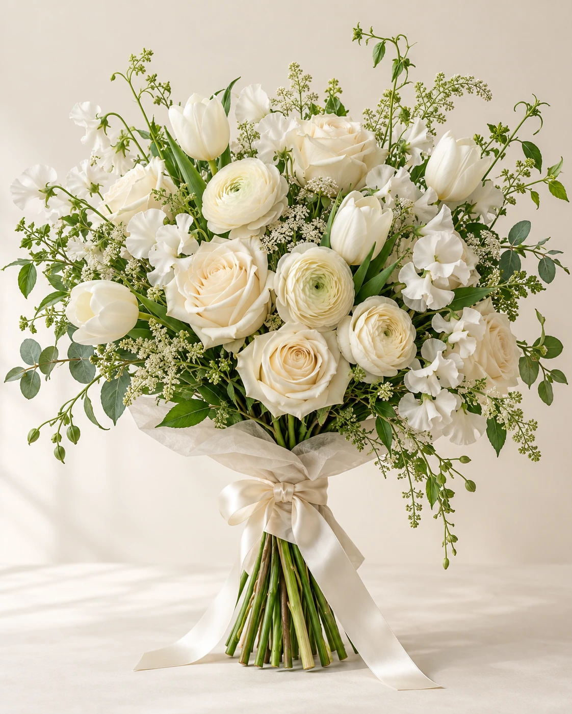 Ivory Garden hand-tied bouquet: Ivory roses, white tulips, pale cream ranunculus, white sweet peas and delicate green foliage.