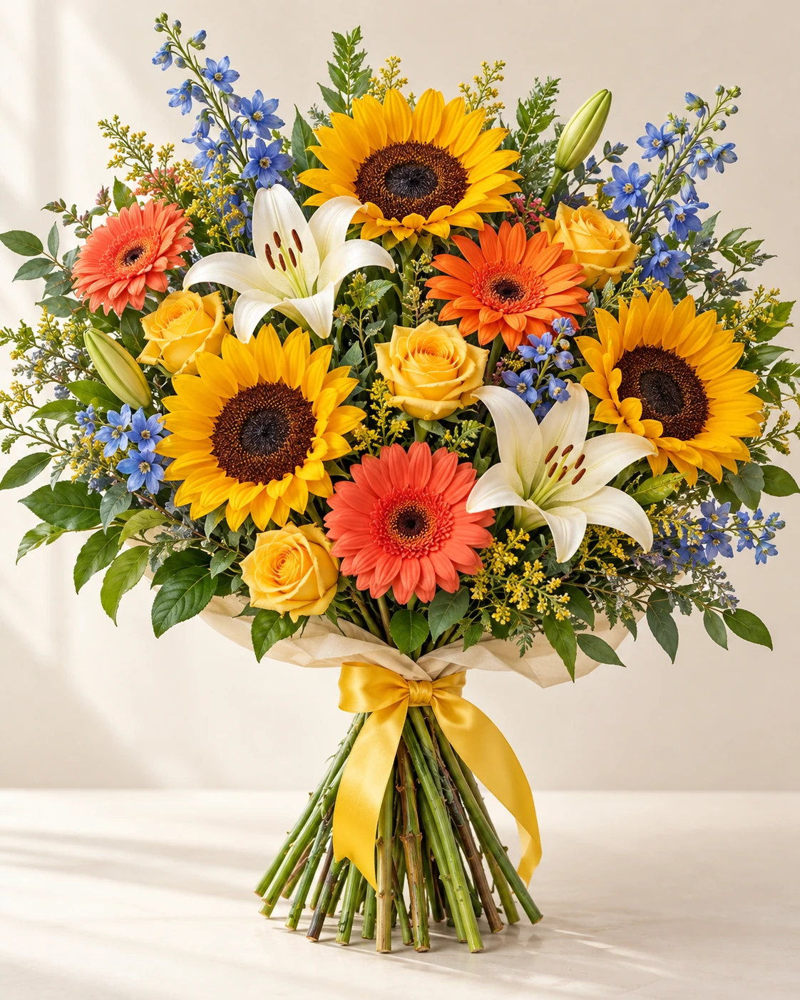 Summer Sunshine hand-tied bouquet: Golden sunflowers, coral gerberas, yellow roses, white lilies, blue delphinium.