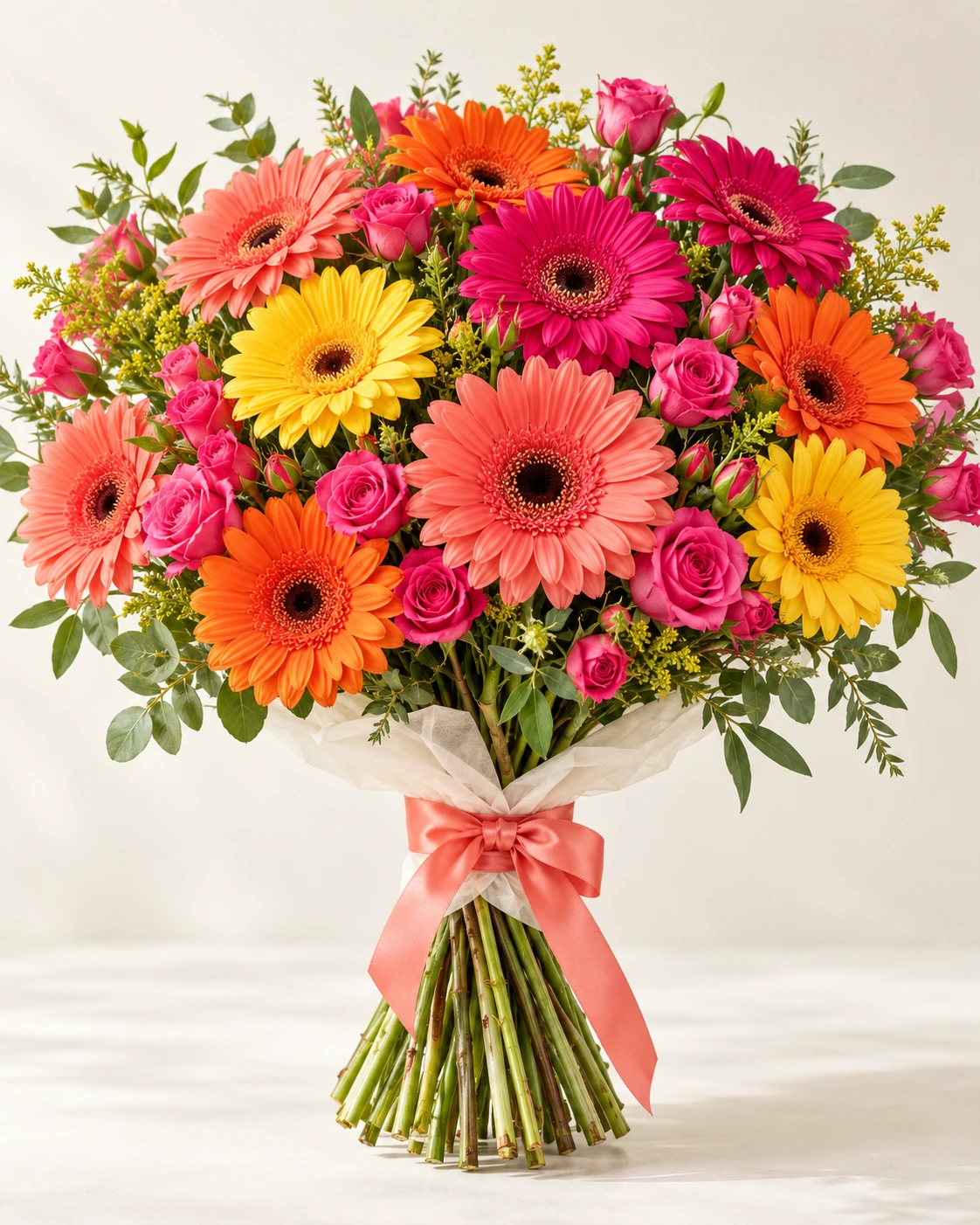 Gerbera Carnival hand-tied bouquet: Generous mix of coral, fuchsia, orange and yellow gerbera daisies, hot pink spray roses and fresh green foliage.