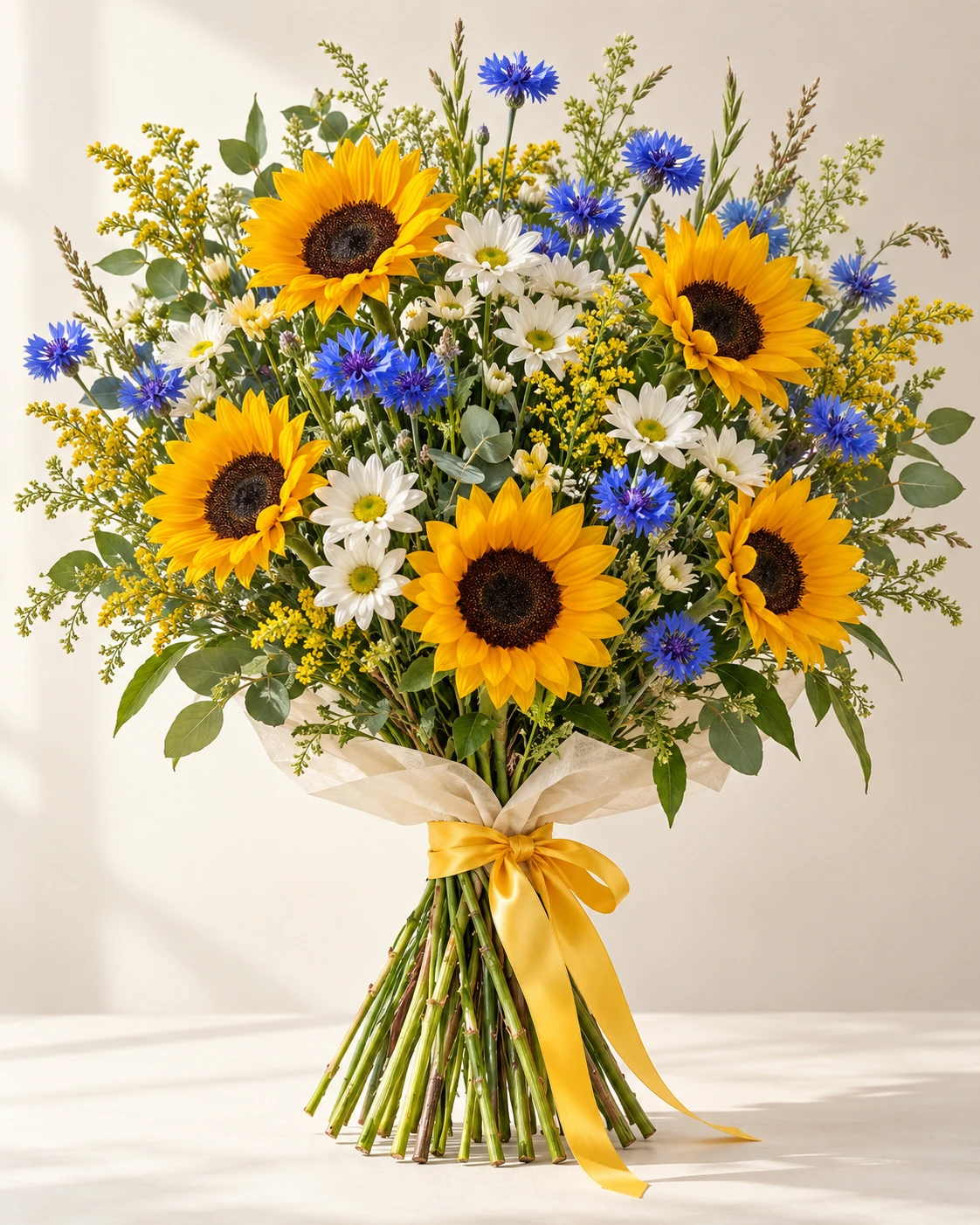 Sunflower Fields hand-tied bouquet: Five sunny medium-sized sunflowers, white daisy chrysanthemums, blue cornflowers, small golden solidago accents and natural foliage.