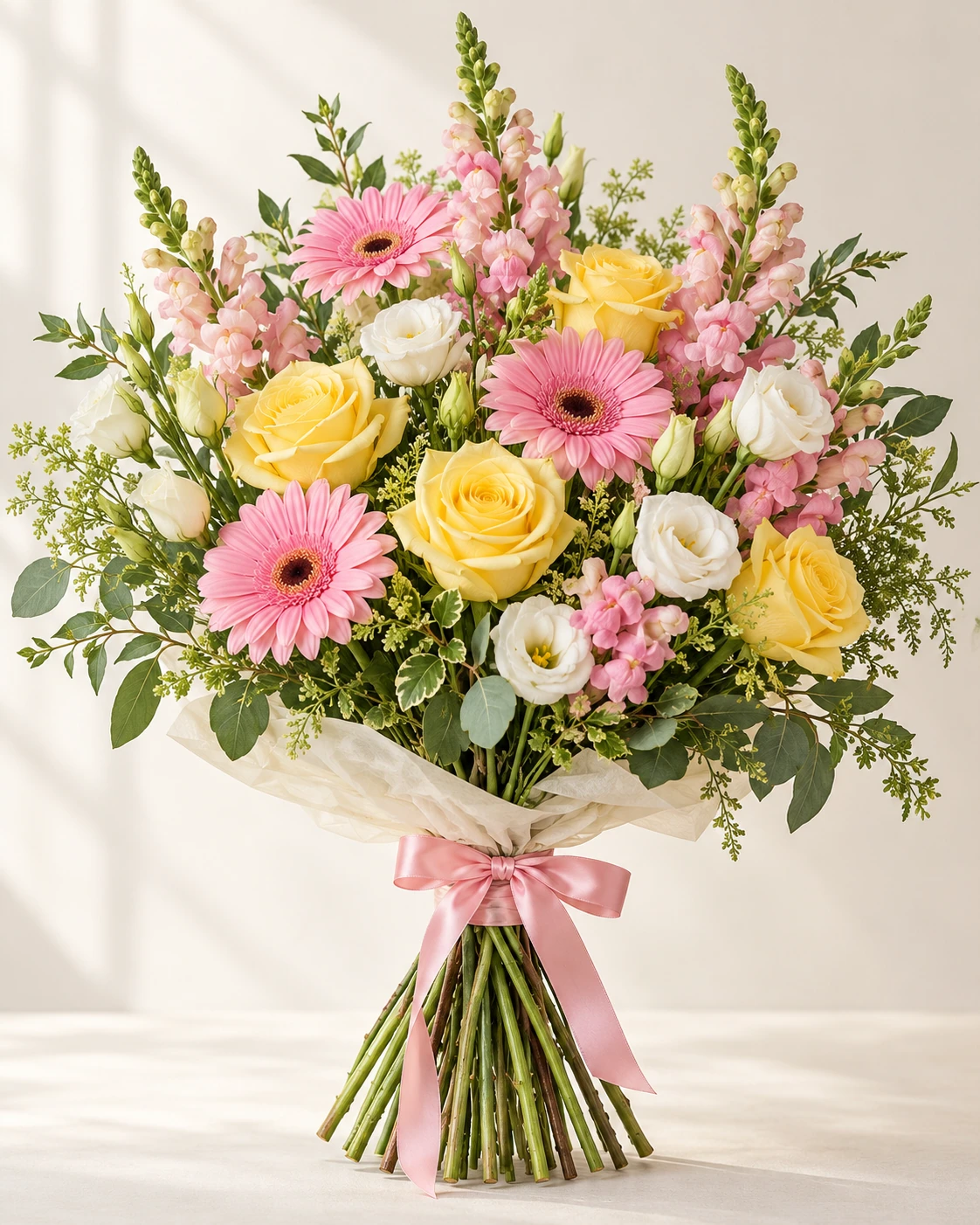 Pink Lemonade hand-tied bouquet: Lemon yellow roses, pink gerberas, pale pink snapdragons, ivory lisianthus and green foliage.