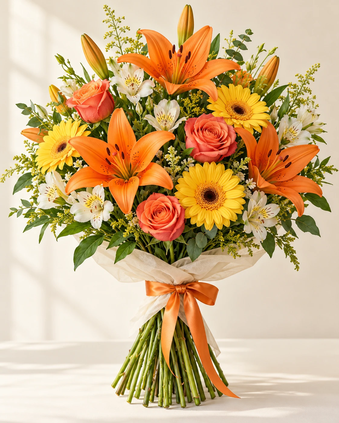 Lily Sunset hand-tied bouquet: Vibrant orange Asiatic lilies, coral roses, warm yellow gerberas and cream alstroemeria.