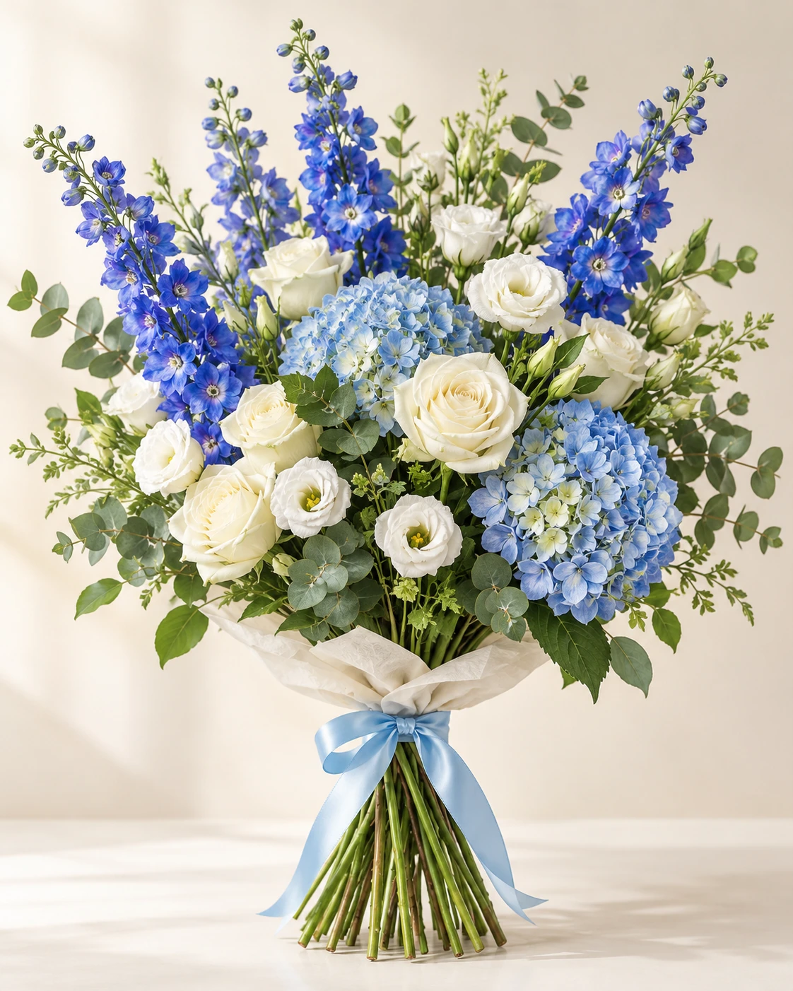 Coastal Blue hand-tied bouquet: Rich blue delphinium, white roses, soft sky-blue hydrangea clusters, white lisianthus and eucalyptus.