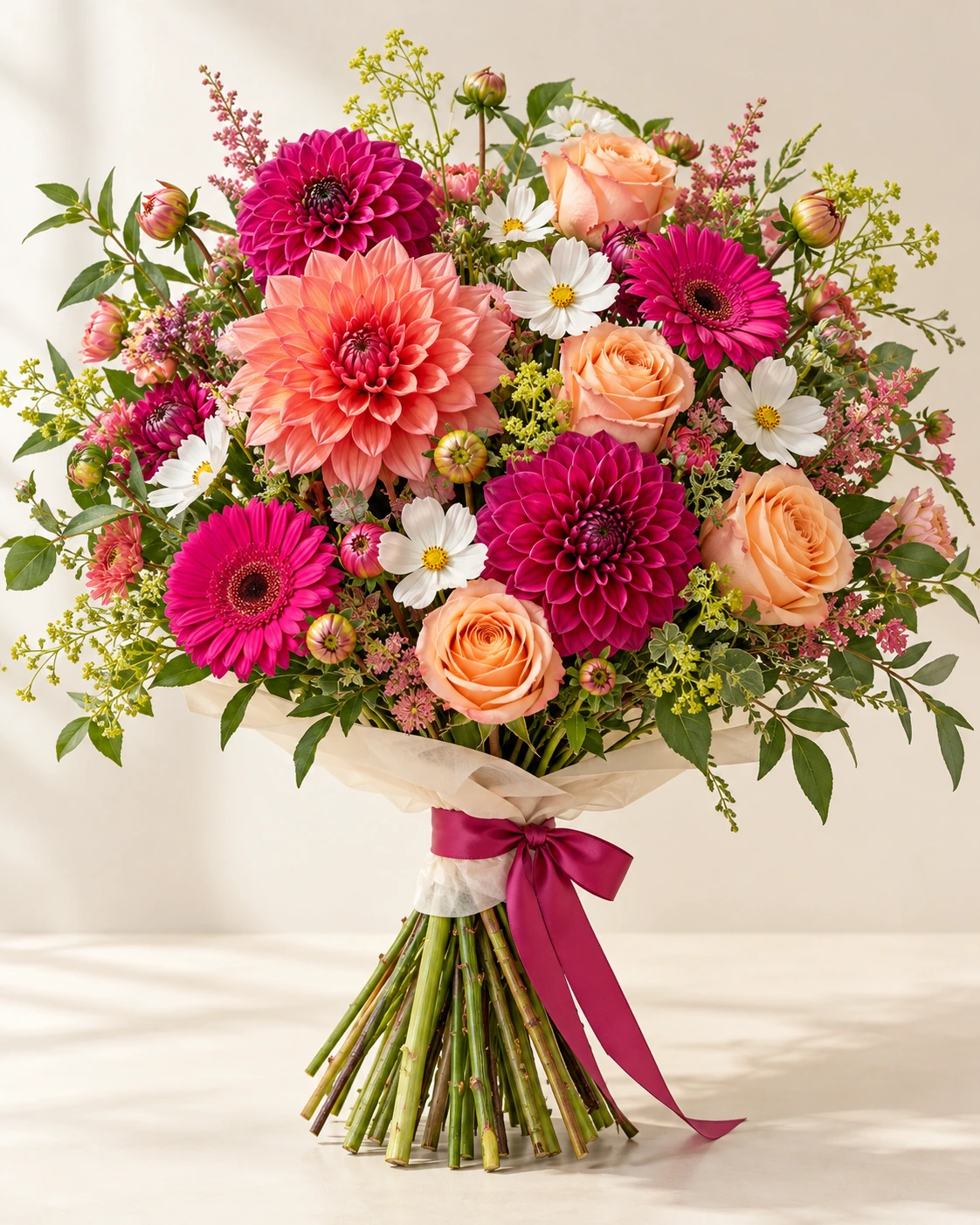 Dahlia Festival hand-tied bouquet: Coral and magenta dahlias, peach roses, fuchsia gerberas, small white cosmos and fresh foliage.