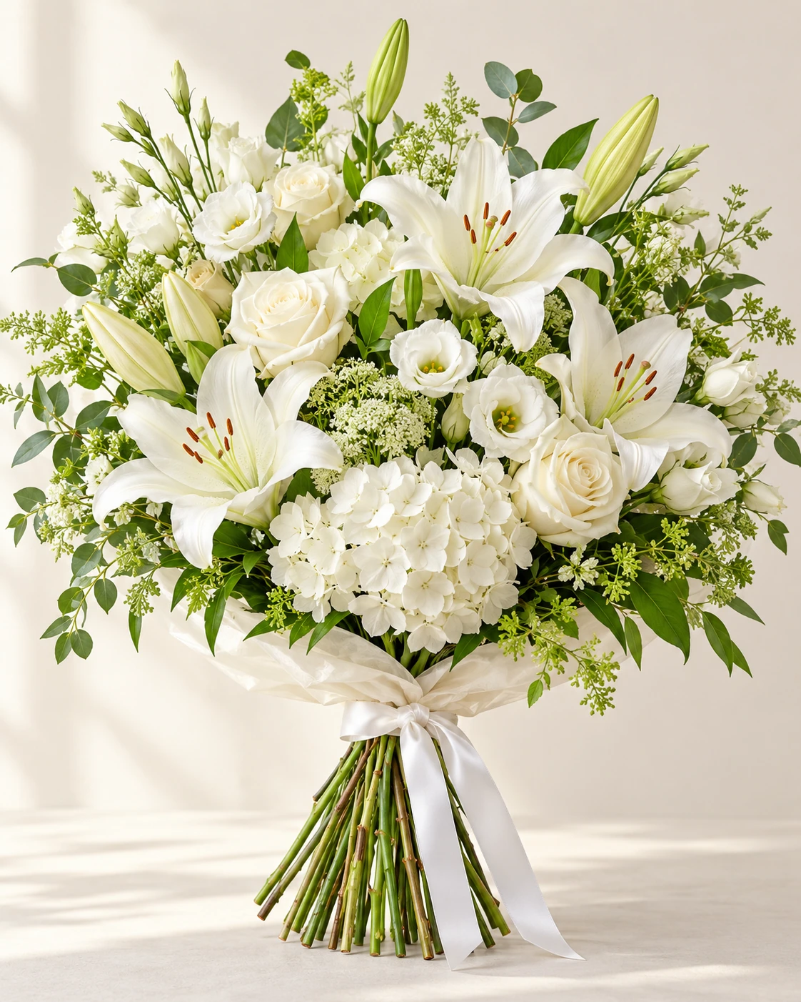 White Summer hand-tied bouquet: Pure white Oriental lilies, white roses, white hydrangea, white lisianthus and bright green foliage.