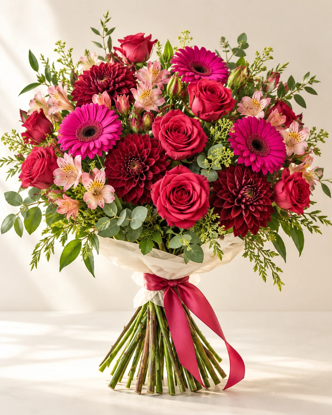 Berry Bright hand-tied bouquet: Raspberry roses, magenta gerberas, burgundy dahlias, soft pink alstroemeria and fresh green foliage.