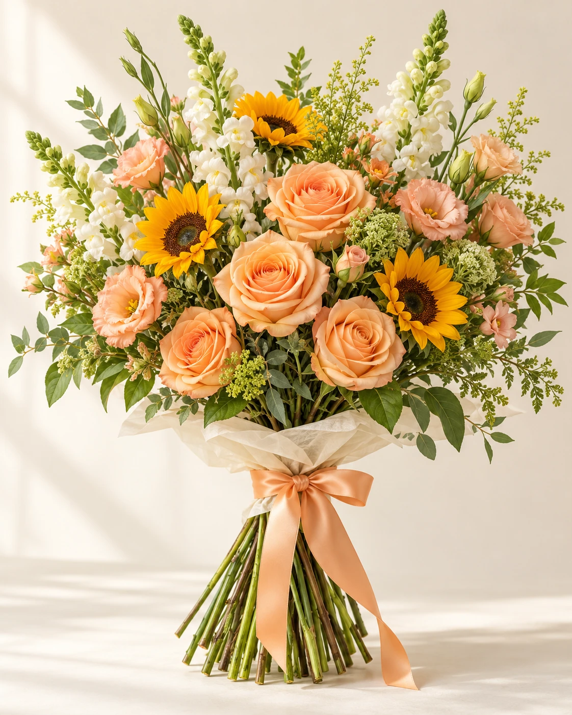 Apricot Glow hand-tied bouquet: Apricot roses, small golden sunflowers, peach lisianthus, ivory snapdragons and light green foliage.