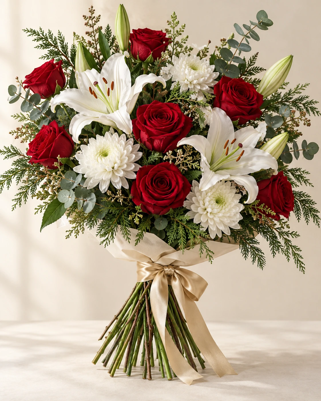 Winter Elegance hand-tied bouquet: Deep red roses, white lilies, white chrysanthemums, cedar and eucalyptus.