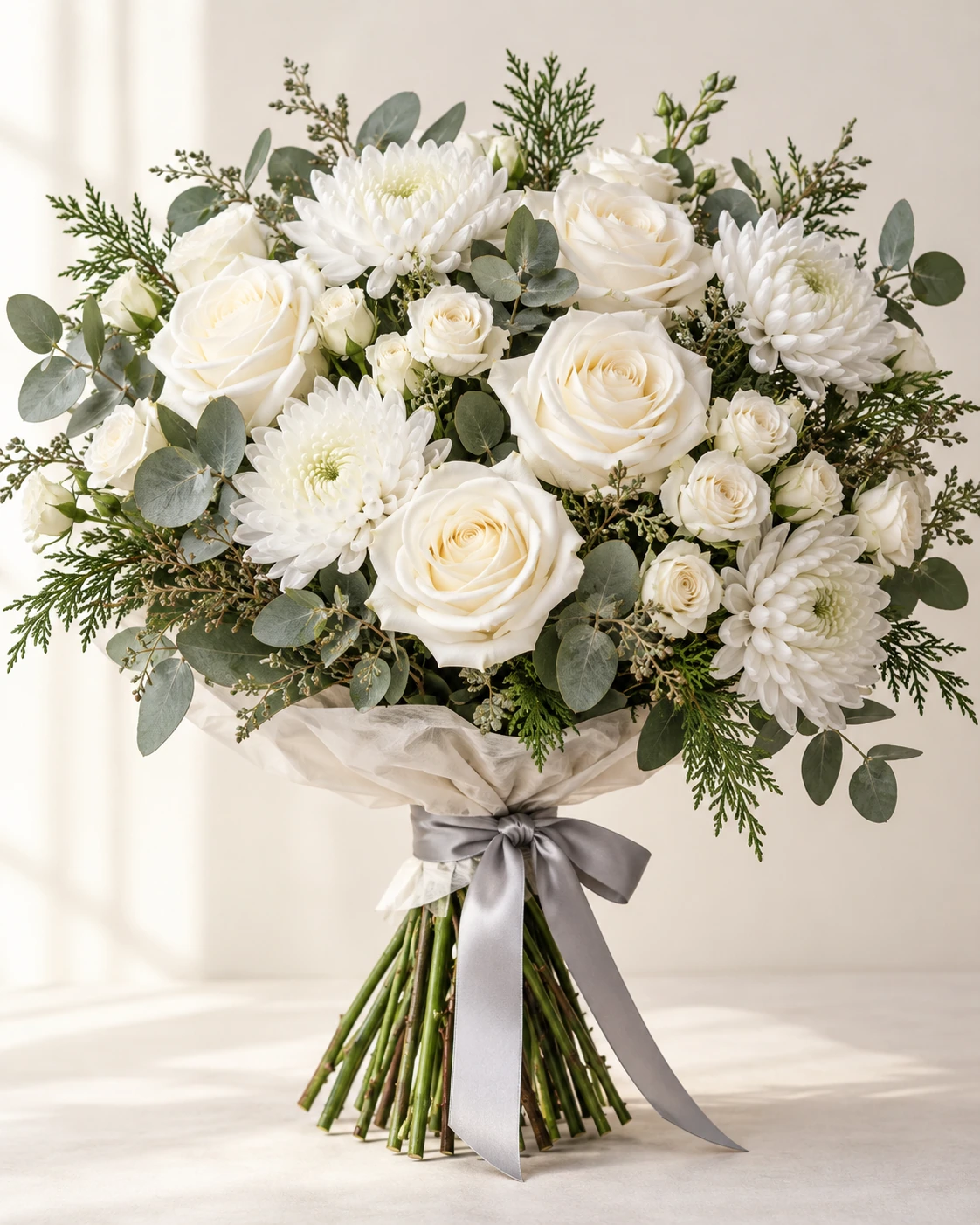 Snowfall Roses hand-tied bouquet: Pure white roses, white spray roses, fluffy white disbud chrysanthemums, silver-green eucalyptus and restrained cedar.