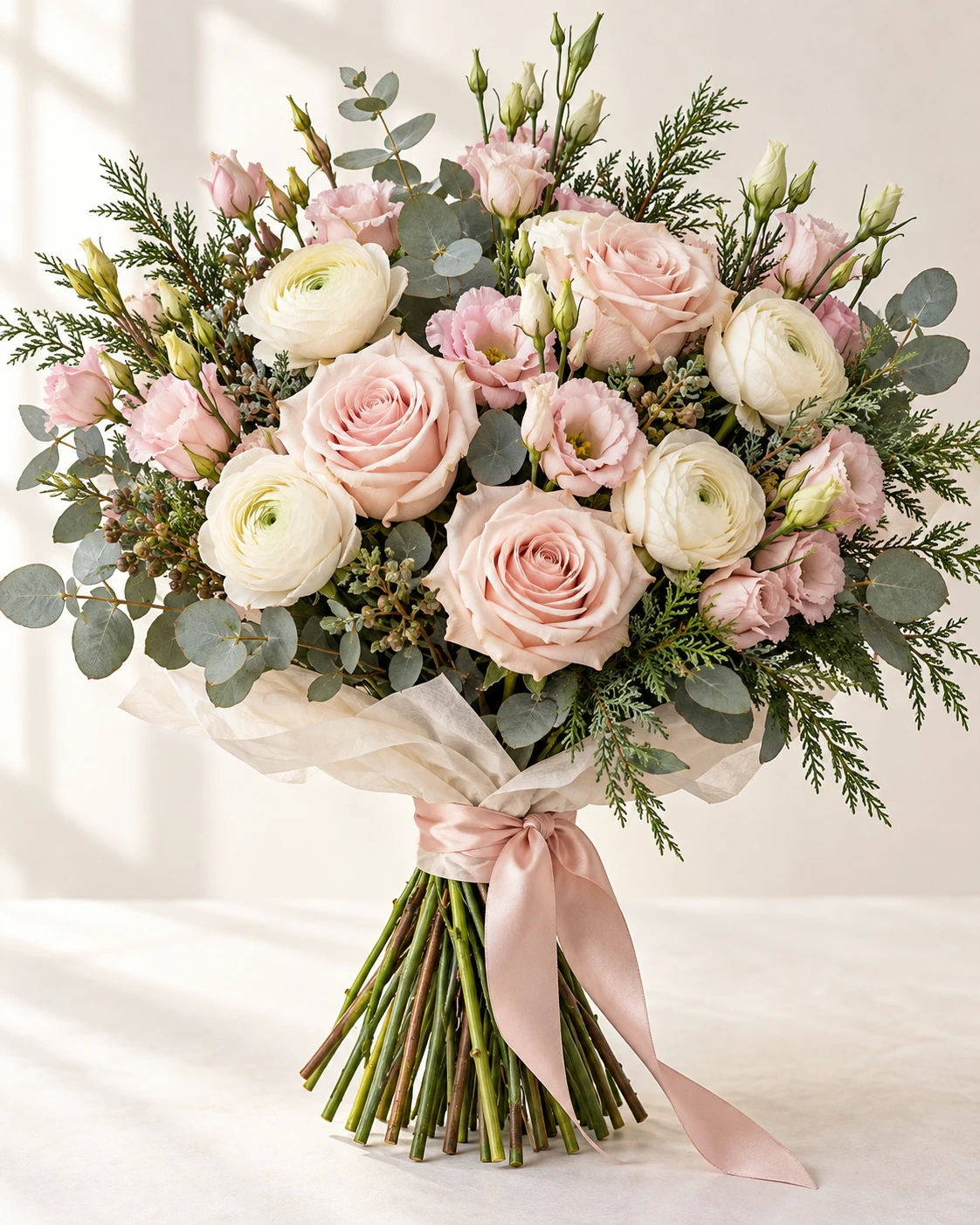 Frosted Blush hand-tied bouquet: Pale blush roses, ivory ranunculus, soft pink lisianthus, silver-green eucalyptus and a touch of cedar.