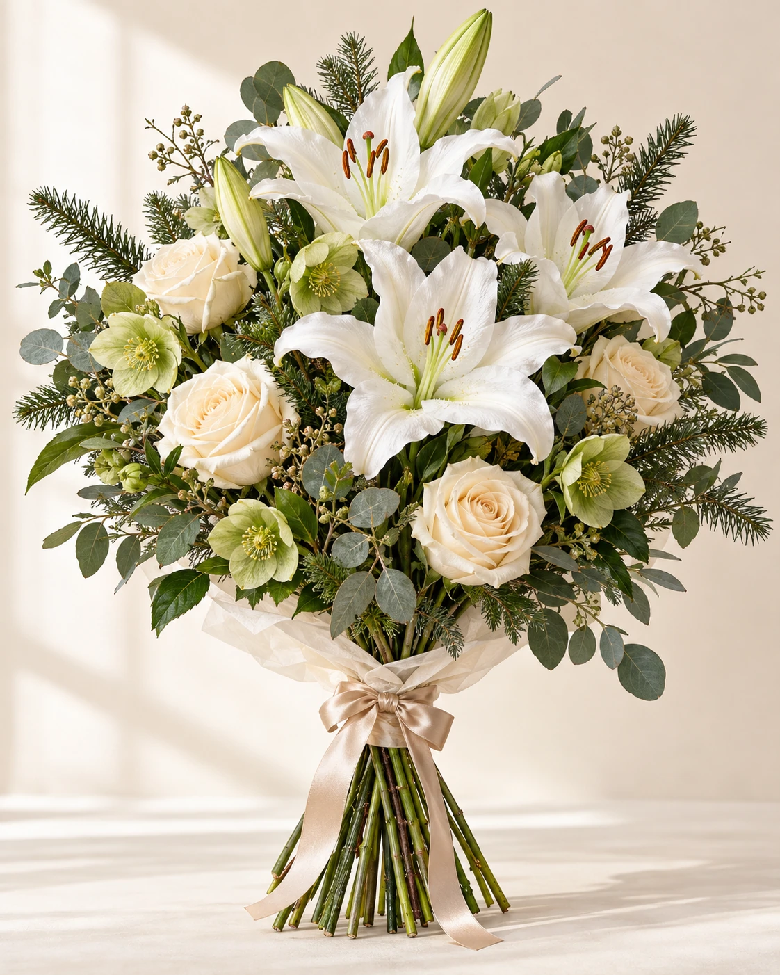Winter Lily hand-tied bouquet: White Oriental lilies, cream roses, pale green hellebore flowers, eucalyptus and restrained fir.