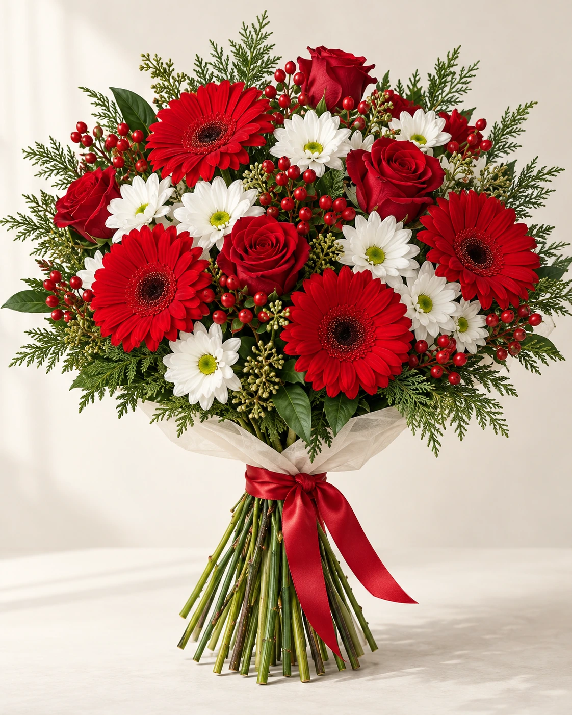 Crimson Gerbera hand-tied bouquet: Bright red gerbera daisies, deep red roses, white daisy chrysanthemums, tiny natural red berries and cedar.