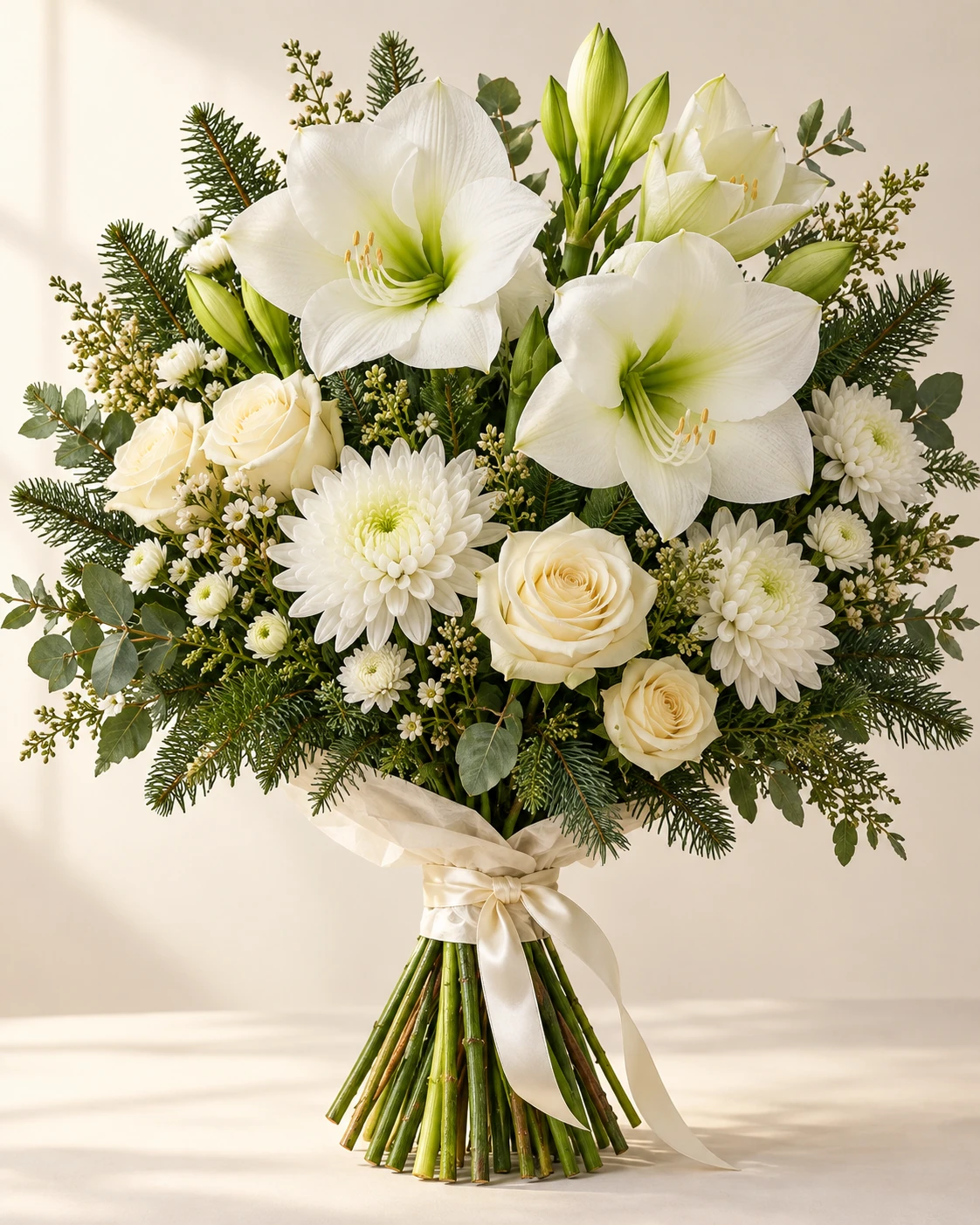 White Amaryllis hand-tied bouquet: White amaryllis, ivory roses, white chrysanthemums and green fir foliage.